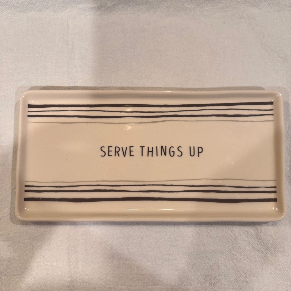 Demdaco Serve Things Up Ceramic Platter Cream Striped Rectangular Tray 10.5in - Picture 2 of 7